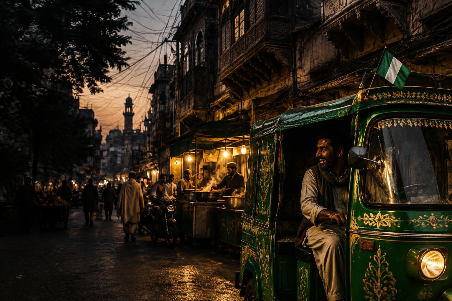 An illustrated photographic scene of a green rickshaw on a lively Pakistani street at dusk